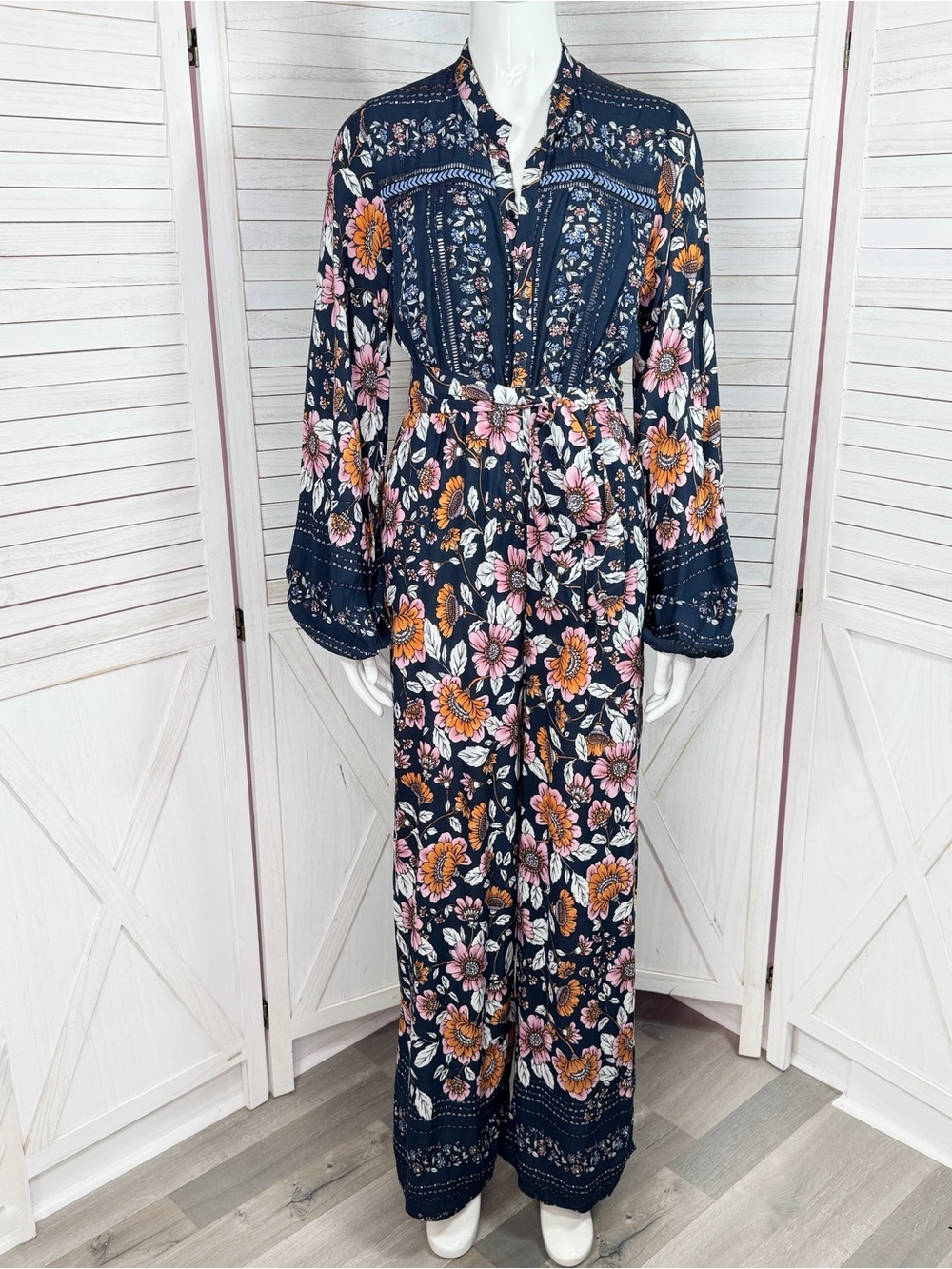 JAASE Floral Boho Wide Leg Jumpsuit Blue Pink Small Long Sleeve Cottagecore